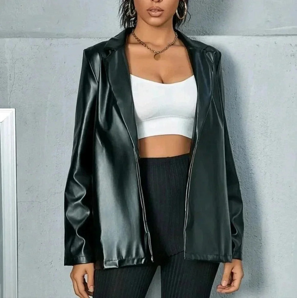 Lapel Collar Single Button PU Leather Blazer - Picture 5 of 6